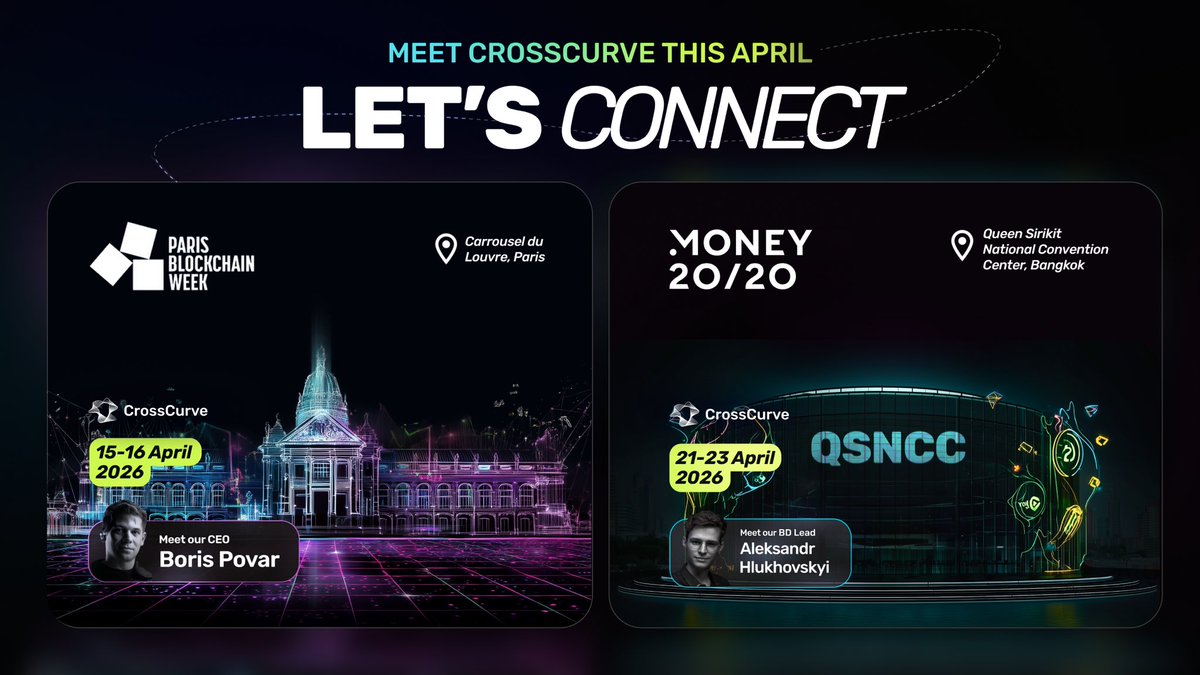 crosscurvefi's tweet photo. 🔥 April 2026: CrossCurve at Web3 & FinTech Conferences

April is shaping up to be a busy month for CrossCurve — with ongoing audits, upcoming releases, and plenty happening behind the scenes.

At the same time, we stay focused on what matters most: building relationships with potential clients and integration partners, and strengthening our real presence in the market.

This month, you’ll have a chance to meet our team in person 👇🏻