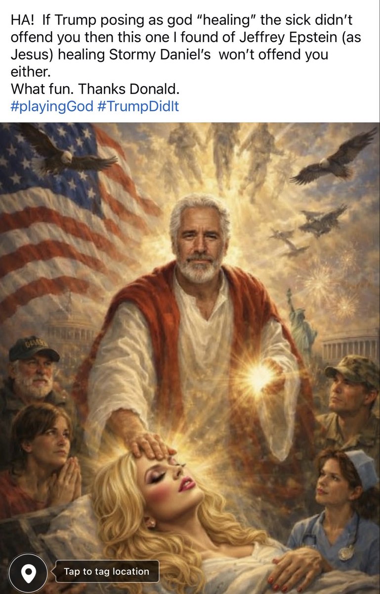 PuffingPassing's tweet photo. @BadgedPatriot I like the one of Epstein as god healing @StormyDaniels https://t.co/RMXIY08Bix