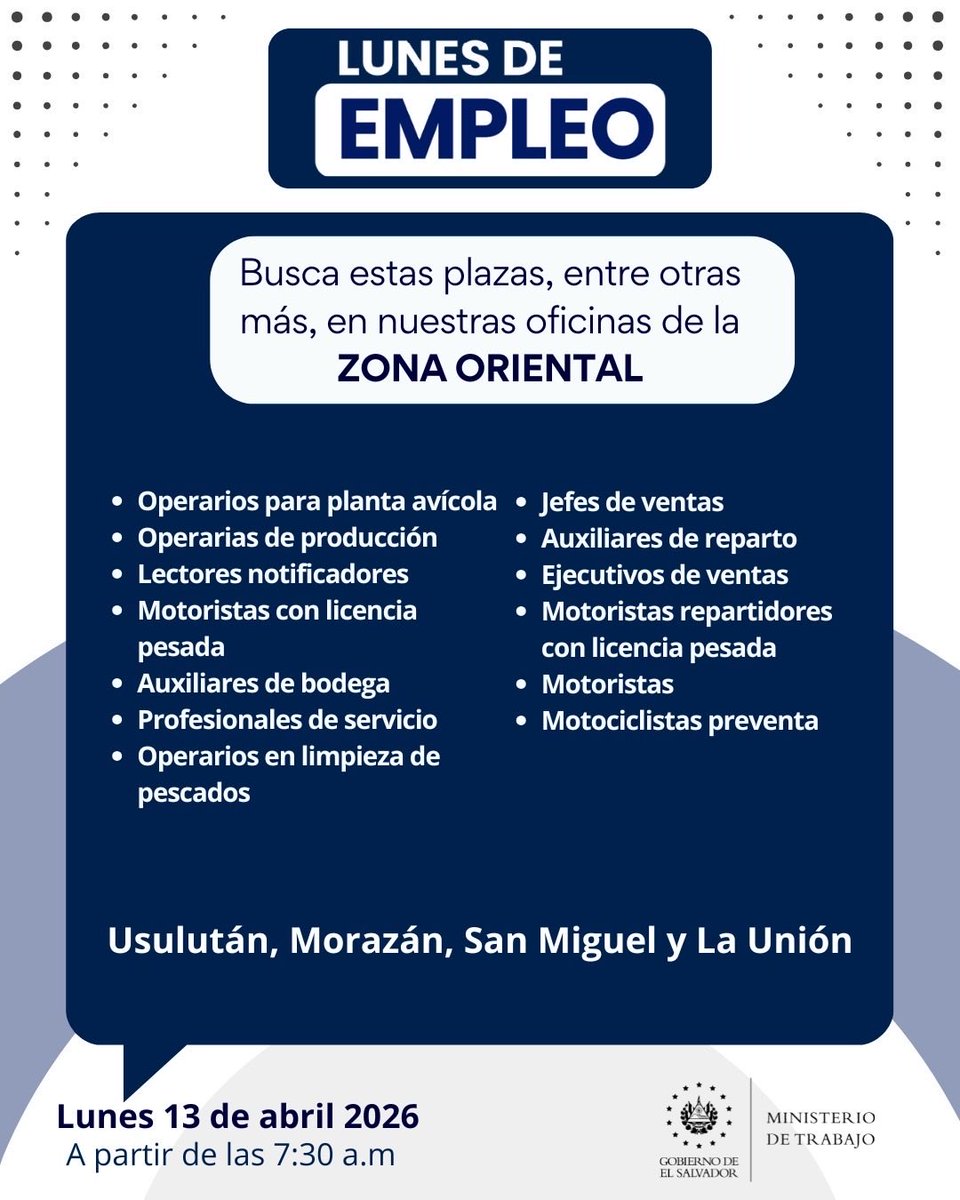Hoy es Lunes de Empleo y acá te mostramos las vacantes disponibles.

Hay muchas más aparte de estas y también te lo separamos para Occidente, Oriente y la Zona Paracentral.

Este programa es sumamente exitoso y está cambiando la vida a miles de familias.

Todos los lunes son