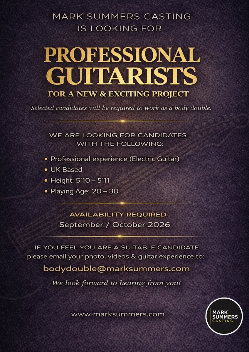We’re casting for an exciting new project and are looking for talented guitarists based in the UK.This is a fantastic opportunity to be part of something special  and it’s  paid !.If you’ve got great presence and strong playing ability, we’d love to hear from you.#guitarists  RT