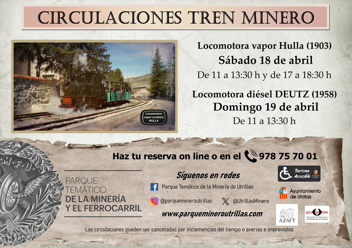 UtrillasMinero's tweet photo. Ven a sentir el olor a carbón quemado en la caldera de la #hulla, nuestra #locomotora de 1903
CIRCULACIONES del 🚂Tren Minero de #Utrillas
👉 Sábado 18 de abril de 11 a 13:30 h y de 17 a 18:30 h
👉 Domingo 19 de abril de 11 a 13:30 h con la locomotora #diésel #deutz https://t.co/dG2Re0eknF
