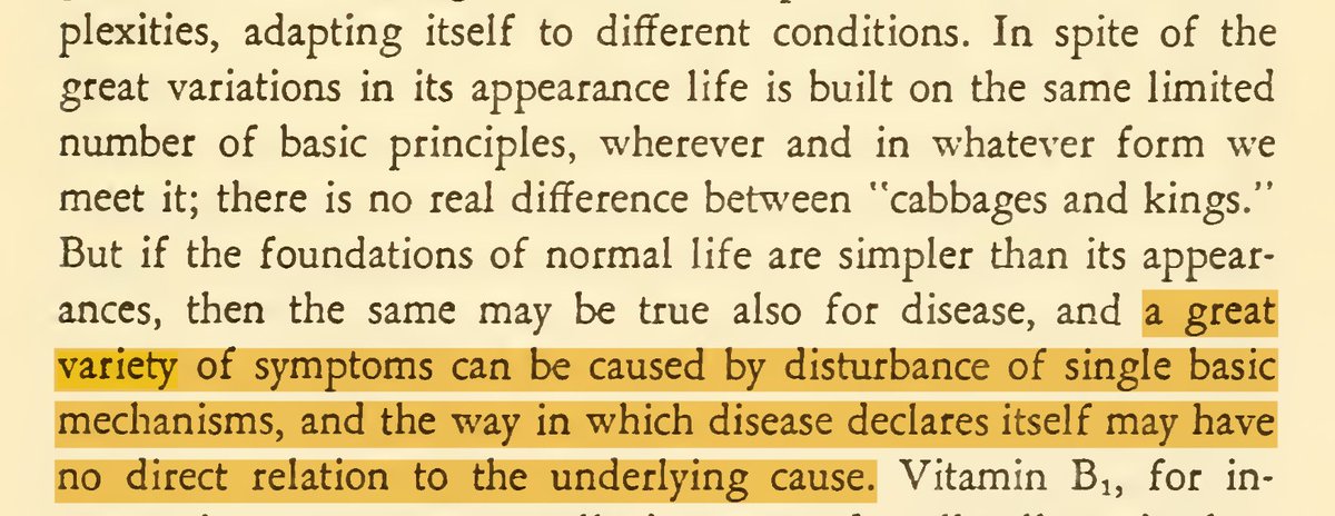 the_no_mind's tweet image. What looks like a hundred separate diseases may be one system breaking in different places.

Albert Szent-Györgyi, Nobel Prize winner in medicine 1937:

"A great variety of symptoms can be caused by disturbance of single basic mechanisms.

The way in which disease declares itself
