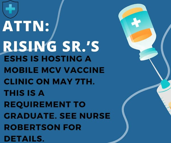 eastsurryhs's tweet photo. Attention Rising Seniors:  ESHS is hosting a mobile MCV vaccine clinic on May, 7, 2026.  This is a requirement to graduate.  Please see Nurse Robertson for details. https://t.co/EFcQlRKHMV