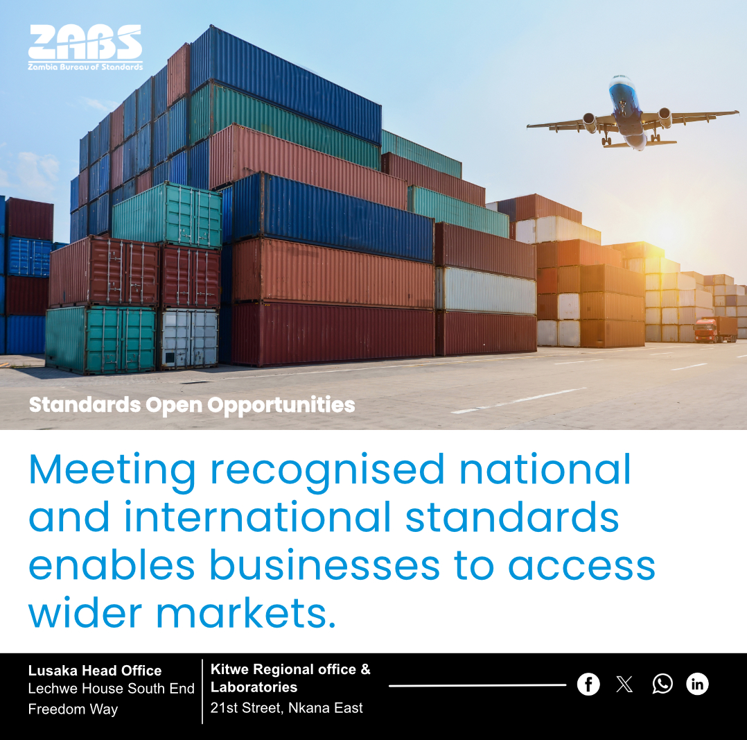 ZABS_ZM's tweet image. Accessing international markets starts with meeting recognised standards. ZABS helps Zambian businesses align with international and national benchmarks, building trust and creating opportunities.

#GrowWithZABS #InternationalStandards #NationalStandards #TradeOpportunities