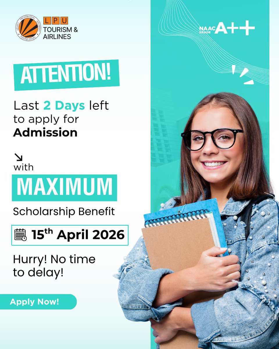 LPUTourism's tweet image. Last 2 days to go! ⏳

Don’t miss your chance to secure admission with maximum scholarship benefits 🎓✨

Apply before 15th April 2026 — your future in Tourism &amp;amp; Airlines starts now! ✈️🌍

#AdmissionsOpen #ScholarshipOpportunity #LPUTourism #ApplyNow #lpuadmissions #thinkbig #LPU