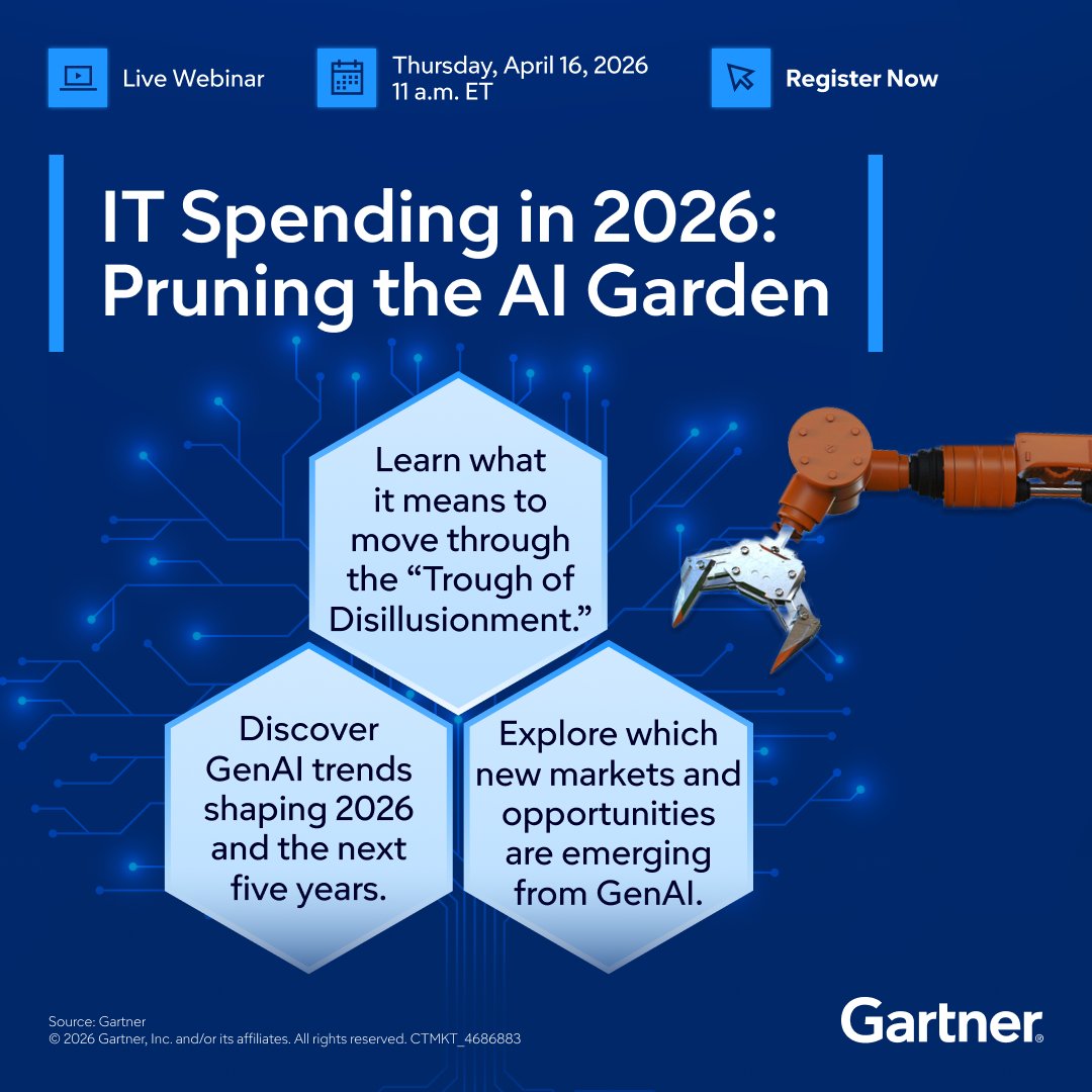 Gartner_inc's tweet image. 🤖 GenAI is entering the Trough of Disillusionment, and it’s reshaping IT spending and CIO priorities for 2026: gtnr.it/4dBO0Br

Join our webinar to get expert guidance on IT spending, GenAI trends and new market opportunities ⬆️

#GartnerIT #GenAI #ITSpending