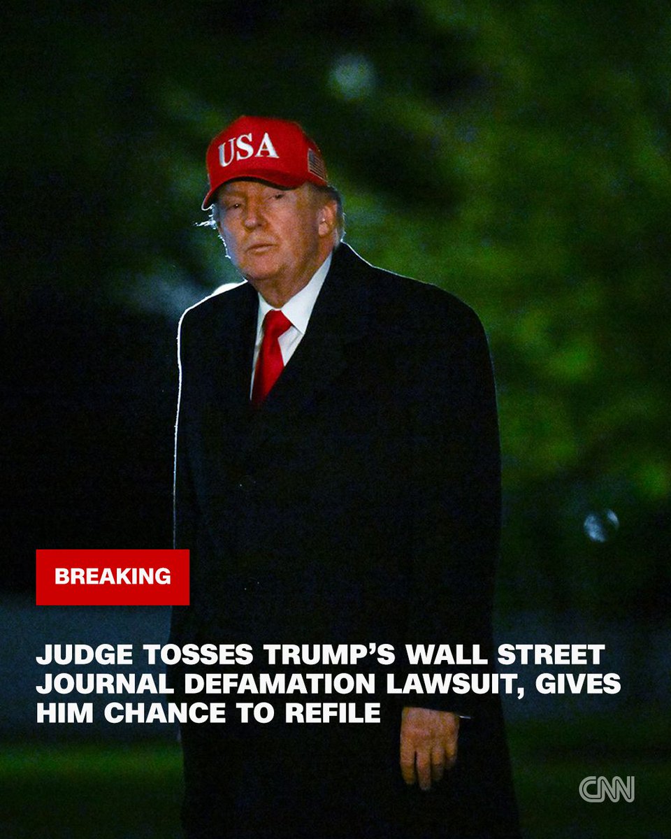 CNNPolitics's tweet image. Judge tosses Trump's defamation lawsuit against the Wall Street Journal over its reporting on a lewd birthday letter to Jeffrey Epstein cnn.it/48D3cdV