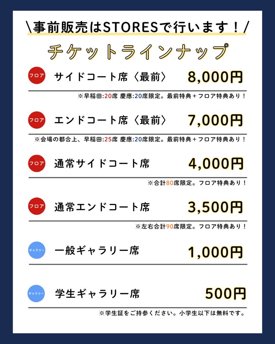 wk_vball's tweet photo. 【チケット情報公開✨】

※再投稿(エンドコート席❌7,500円→⭕️7,000円)

事前販売はSTORESで実施。
人気席は早期完売のため早めの購入がおすすめです！
注意事項をご確認の上お求めください🙇‍♀️

＃早慶戦
＃早慶バレー
＃早慶バレー2026 https://t.co/MziUeWjHEw