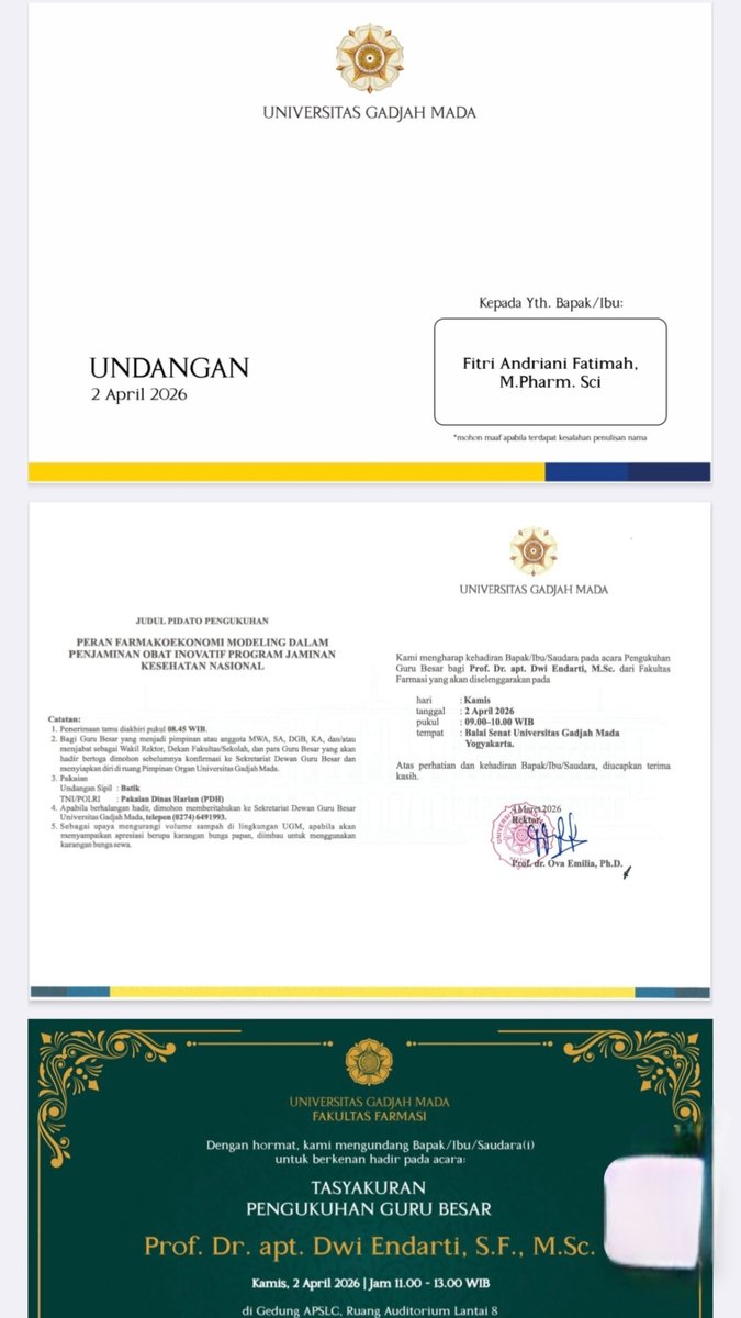 User310192's tweet photo. Mengenang undangan pengukuhan guru besar pada 2 april lalu dari Prof. Dr. apt. Dwi Endarti, M. Sc. Beliau dlu adlh dosen pembimbing tesis saya sekarang beliau sudah jd professor. Karena cita2 juga ingin menjadi profesor, siapa tau ketularan besok.. 🌻😃 https://t.co/ZS1jSwM16G