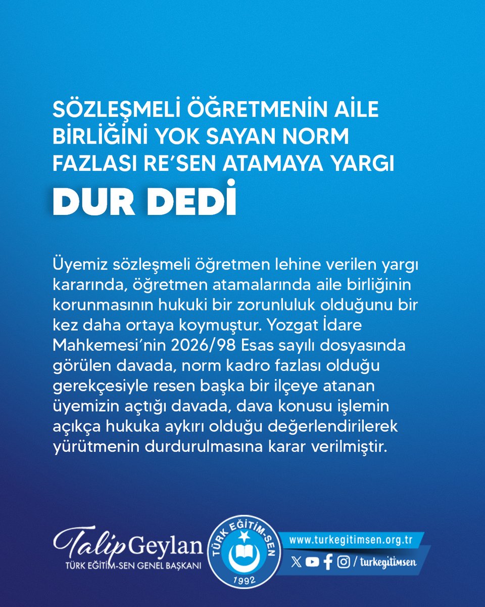 turkegitimsen's tweet photo. SÖZLEŞMELİ ÖĞRETMENİN AİLE BİRLİĞİNİ YOK SAYAN NORM FAZLASI RE’SEN ATAMAYA YARGI DUR DEDİ
https://t.co/m0gh5aY48p https://t.co/0SdlyuL6VS