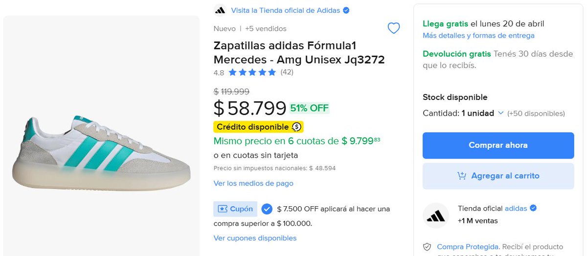 AhorrandoAndoAr's tweet photo. MIREN ESTE PRECIO 🔥

Zapatillas ADIDAS Fórmula1 Mercedes - Amg Unisex a $58.799

En 6 cuotas sin interés

Talles del 37 al 45,5

https://t.co/bcvwtwJH09

Comprando 2 tienen $7.500 OFF con el cupón: SALESUPER https://t.co/87R9DKGEzd