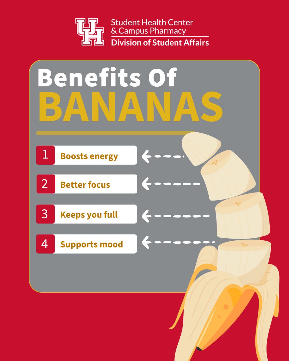 UHStudentHealth's tweet photo. 🍌📚 Bananas are study fuel.

✅ Boosts energy fast (perfect for 8 a.m. lectures)
✅ Potassium = better focus
✅ Fiber to keep you full during back‑to‑back classes
✅ Vitamin B6 helps support mood + brain function

#UHStudentHealthCenter https://t.co/WHvANSUKlm