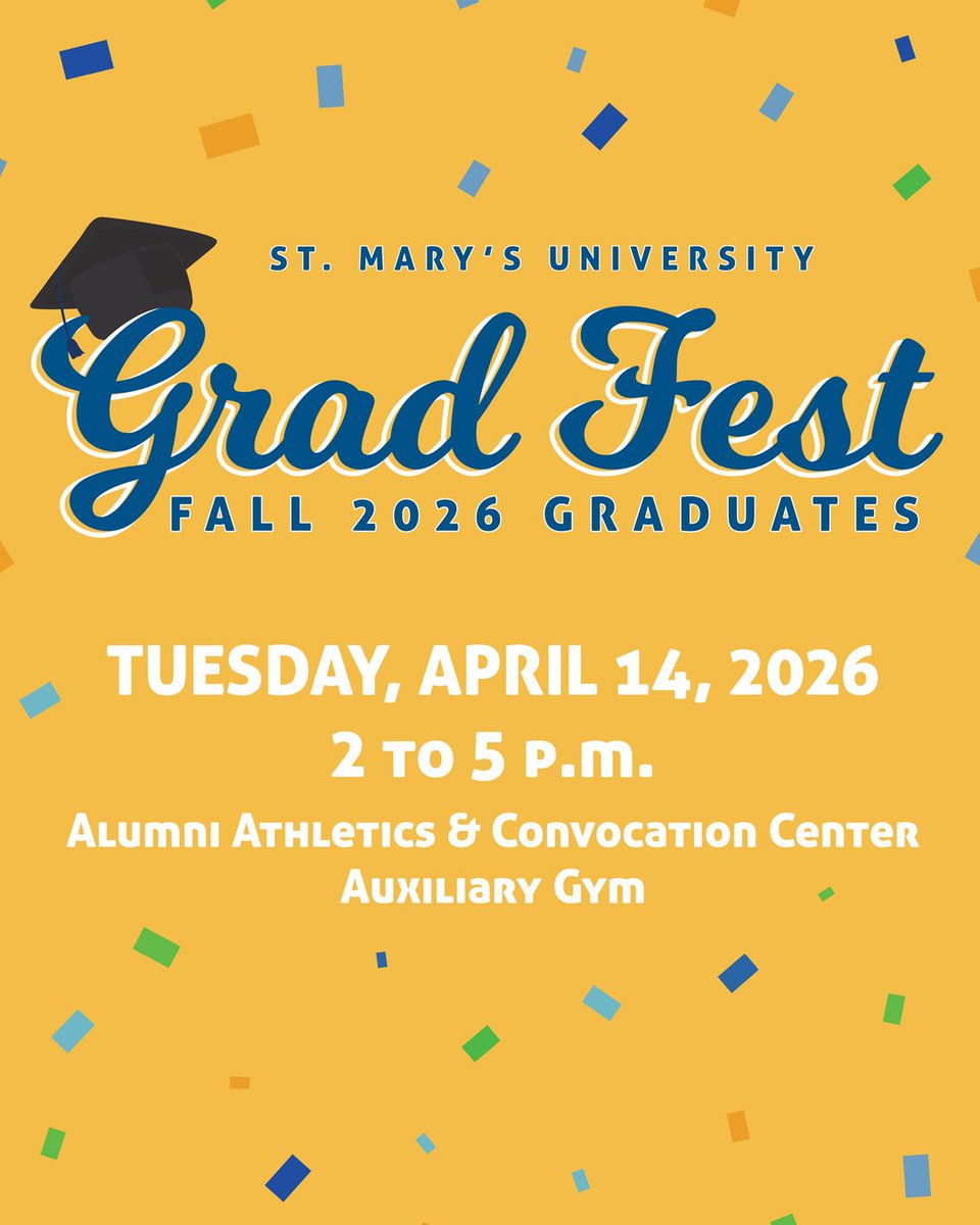 StMarysU's tweet photo. Spring 2026 graduates, get ready for Grad Fest, TOMORROW! 

🗓️ Tuesday, April 14 
🕑 2 to 5 p.m. 
📍Alumni Athletics & Convocation Center, Auxiliary Gym 

It's time to let the Commencement celebrations begin at Grad Fest! 

While at Grad Fest, be sure to: 
🎓 Pick up your regalia! Additional regalia will be available for graduates who did not submit their order by the deadline. 
📣 Verify your name pronunciation. 
👕 Receive your St. Mary's University or School of Law alumni T-shirt. 
🗣️ Talk with the Office of Alumni Engagement about alumni benefits. 
🎟️ Enter a drawing to win two additional Commencement guest tickets, a reserved VIP parking spot and more. 
📸 Snap a photo to commemorate this special occasion and give a shout-out to those who have supported you on this journey. Shout-out photos will be showcased for guests before Commencement in the Bill Greehey Arena. 

Representatives from the Office of the Registrar, the Career and Professional Development Center, the Office of Financial Assistance, the St. Mary's University Alumni Association, School of Law and more will be available to answer questions!Spring 2026 graduates, get ready for Grad Fest, TOMORROW! 

🗓️ Tuesday, April 14 
🕑 2 to 5 p.m. 
📍Alumni Athletics & Convocation Center, Auxiliary Gym 

It's time to let the Commencement celebrations begin at Grad Fest! 

While at Grad Fest, be sure to: 
🎓 Pick up your regalia! Additional regalia will be available for graduates who did not submit their order by the deadline. 
📣 Verify your name pronunciation. 
👕 Receive your St. Mary's University or School of Law alumni T-shirt. 
🗣️ Talk with the Office of Alumni Engagement about alumni benefits. 
🎟️ Enter a drawing to win two additional Commencement guest tickets, a reserved VIP parking spot and more. 
📸 Snap a photo to commemorate this special occasion and give a shout-out to those who have supported you on this journey. Shout-out photos will be showcased for guests before Commencement in the Bill Greehey Arena. 

Representatives from the Office of the Registrar, the Career and Professional Development Center, the Office of Financial Assistance, the St. Mary's University Alumni Association, School of Law and more will be available to answer questions!