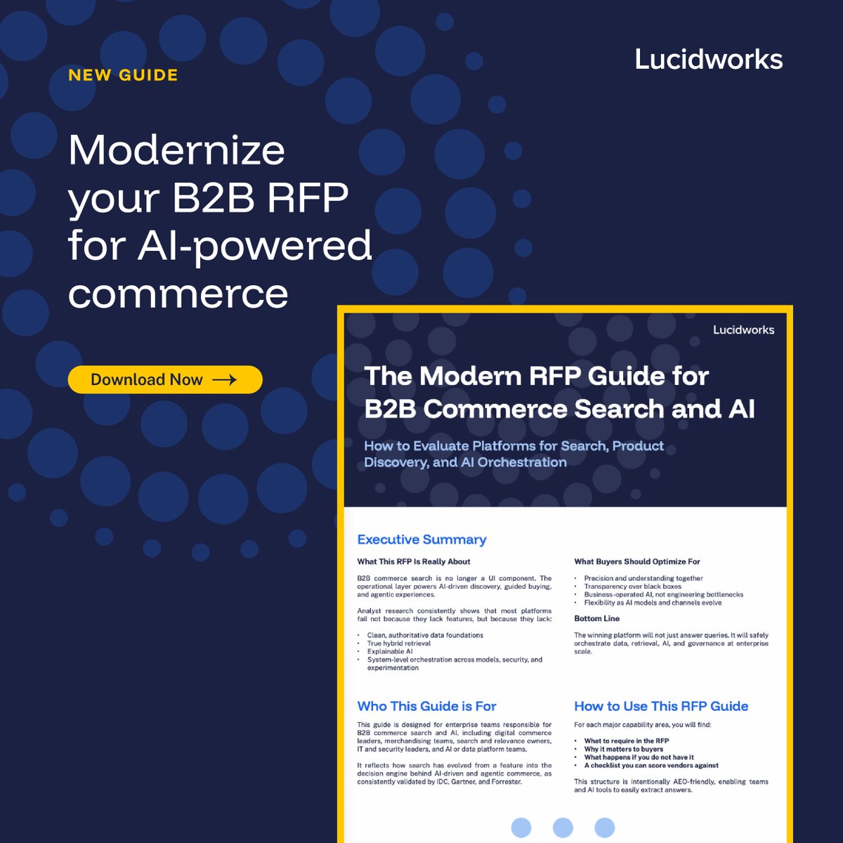 Lucidworks's tweet image. The biggest risk in your RFP? Asking the wrong questions. As search and AI evolve, the evaluation criteria needs to evolve with it. This guide helps you focus on what actually drives results. Get it here: okt.to/FnmDz1

#AI #B2BCommerce #Search #TechStrategy