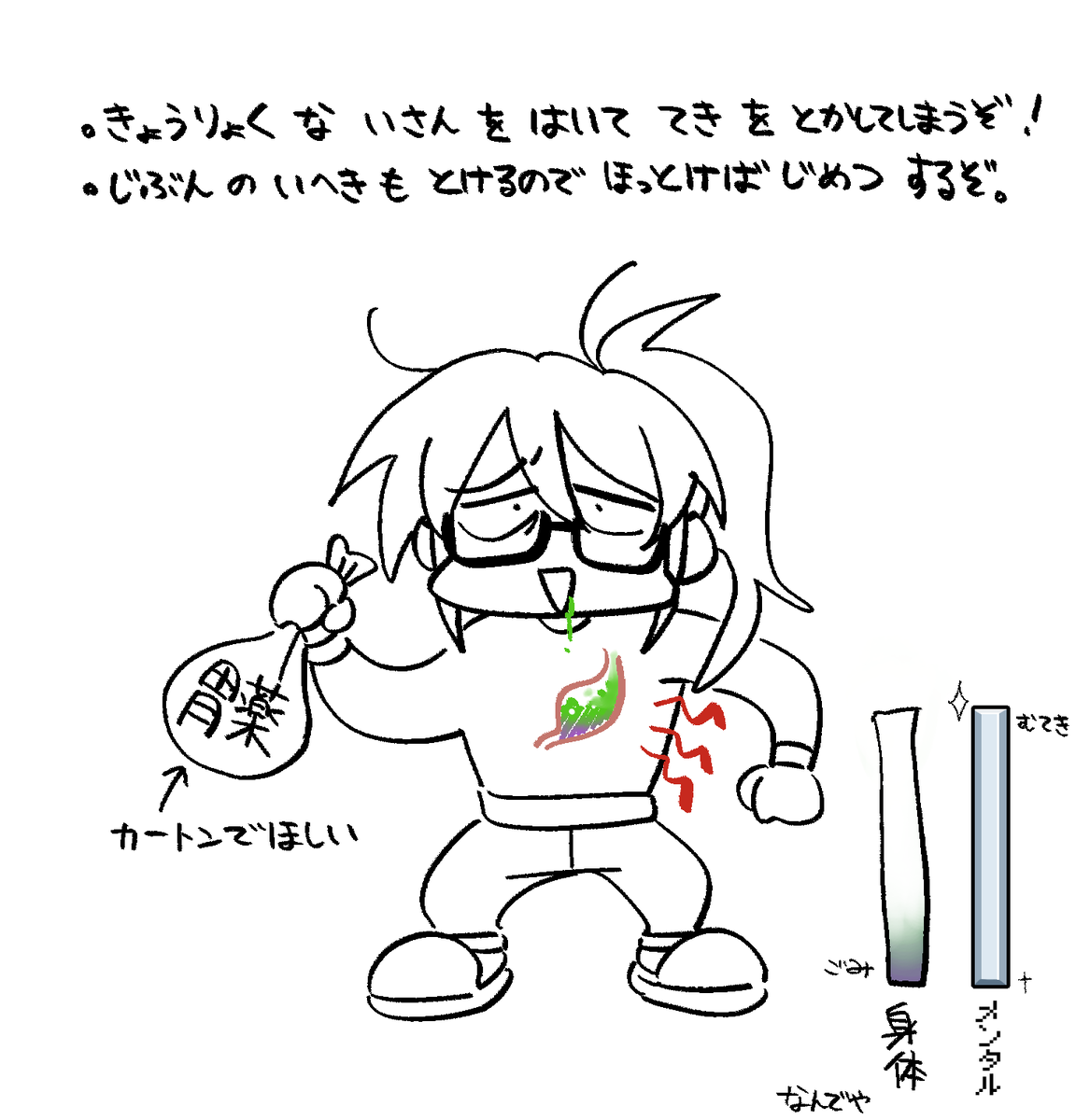 こんちわ。
元気です。
エイプリルフールはとっくに終わってるので嘘じゃないよ。
ちょっと胃酸が元気すぎるだけです。
やんちゃでこまっちゃうよね(笑)

まぁこんならくがきできる程度の体力はあるので、
負荷にならない程度にゆるゆるやっていきます。
頻度は下がるけどに見てくれると嬉しいです。 
