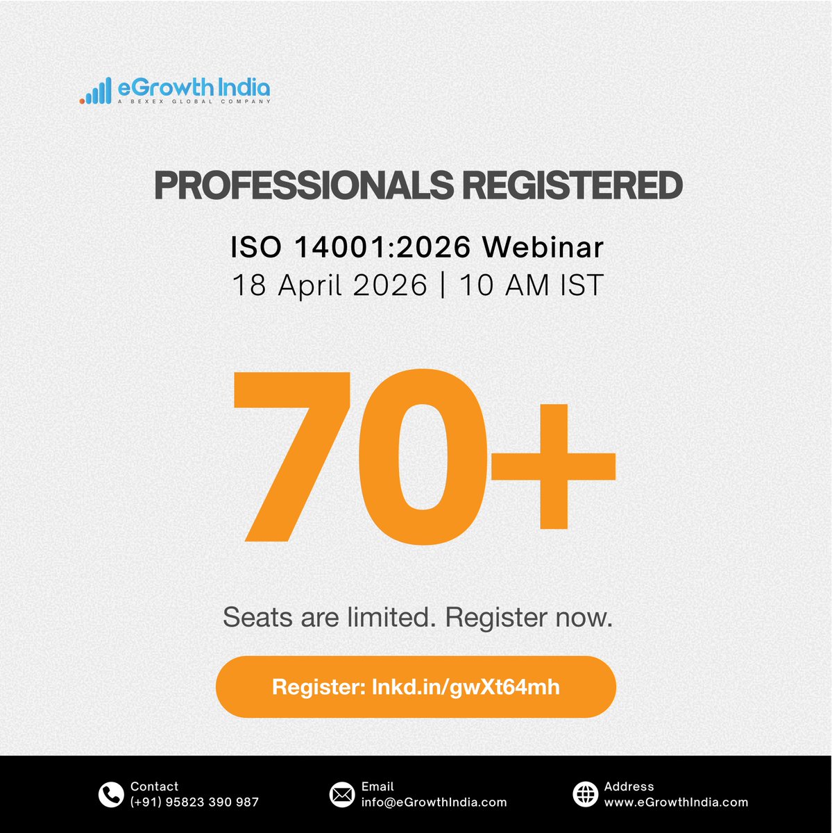 eGrowthIndia's tweet photo. The registrations keep coming in.

EHS officers. Business owners. They are all getting ahead of the ISO 14001:2026 update.

Are you registered yet?

Seats on Microsoft Teams are limited. Register now before it closes.

https://t.co/YEJ34Fco44

#eGrowthIndia #ISO14001 #FreeWebinar https://t.co/id2CCbs94t