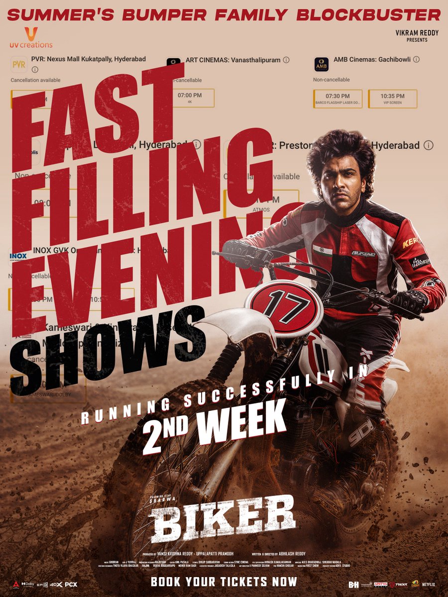 UV_Creations's tweet photo. Fast-fillings all over for evening and night shows of #Biker 💥💥

Running successfully in its 2nd week ❤‍🔥

Book your tickets now for the SUMMER'S BUMPER FAMILY BLOCKBUSTER🔥🔥
🎟 https://t.co/p44bZA2nJP

#BlockbusterBiker https://t.co/zkYUmDCafE