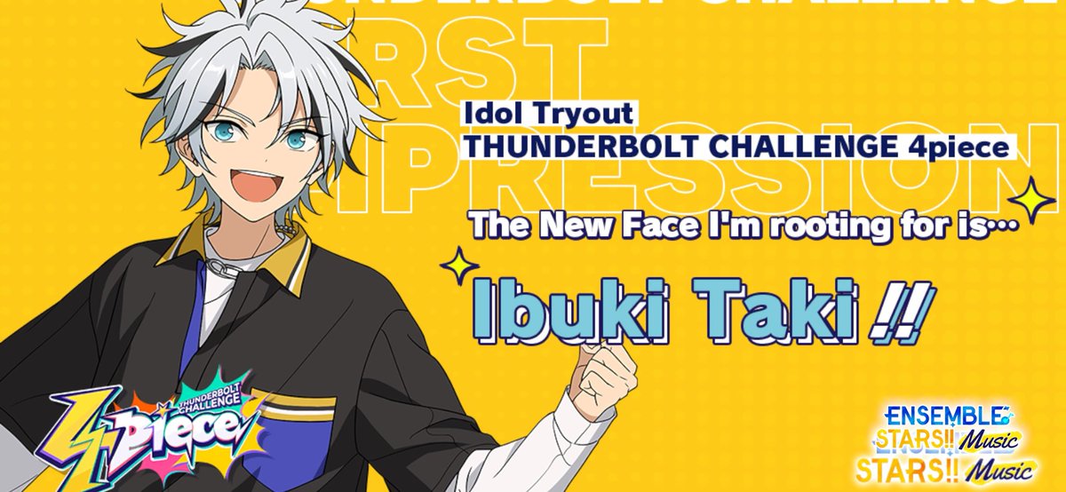 usagichan427's tweet photo. Idol Tryout <i>4piece</i>
The New Face I'm rooting for is...
Ibuki Taki!!

#4piece #EnsembleStarsNEWFACE https://t.co/kVzr8WA6TK