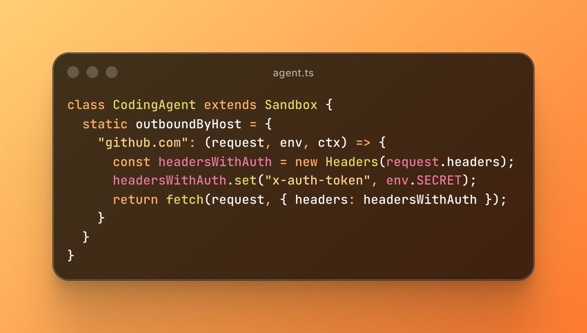 MikeNomitch's tweet photo. Cloudflare Sandboxes now do secure credential injection.

We use Workers as a trusted proxy, which make it really easy to customize egress policies (globally or per-instance) and update them dynamically. Let's take a look...

Inject a token without the agent ever seeing it: https://t.co/zoT1AmGN2r