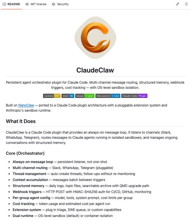 RoundtableSpace's tweet photo. CLAUDECLAW GIVES CLAUDE CODE PERMANENT MEMORY

- Always-on plugin listens to Slack, Telegram & WhatsApp even when offline
- Batches context, keeps structured memory across sessions, triggers on webhooks/cron/CI
- OS-level sandboxing, cold starts <10ms, fully open source on GitHub

Repo: https://t.co/9S0Xp33WAL