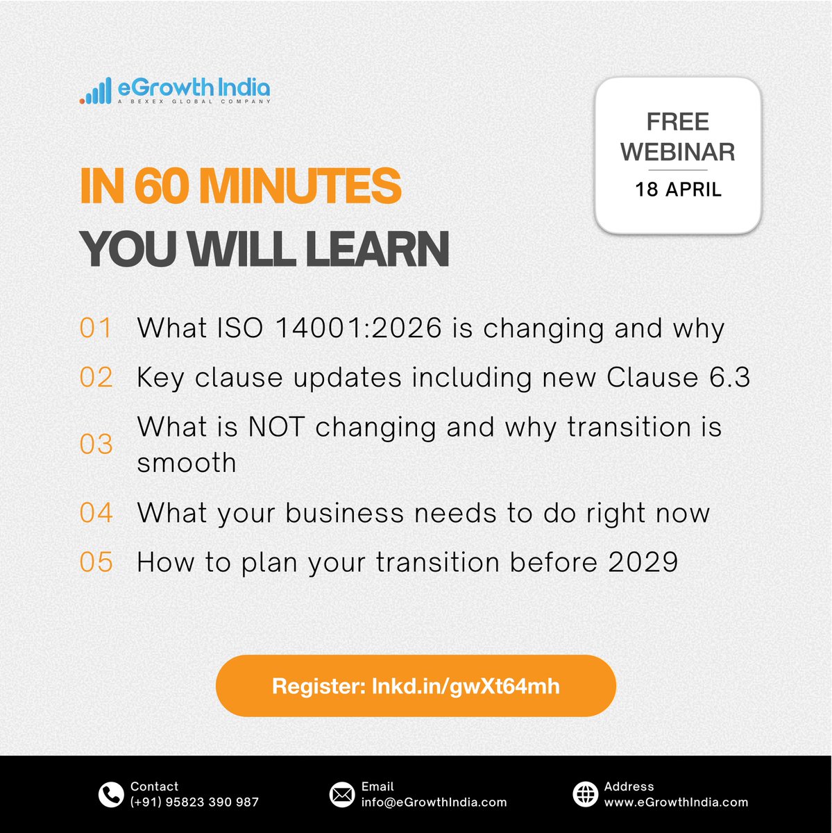 eGrowthIndia's tweet photo. Two days to go. Here is exactly what you will walk away with after our free ISO 14001:2026 webinar on 18 April.

One hour. Everything you need to know.

Register now: https://t.co/YEJ34Fco44

https://t.co/BrR5bSAXRs | https://t.co/ZJfNOQue0G
#eGrowthIndia #ISO14001 https://t.co/mCQe4CiQ1R
