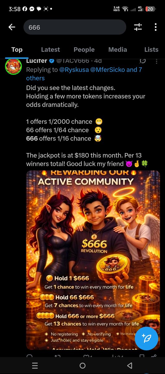 cord1708's tweet photo. March 6 is my luckday I won 666token 
Do nothing hold and let you're luck gain🤠 @666memecoin https://t.co/fY4mI0WE3L