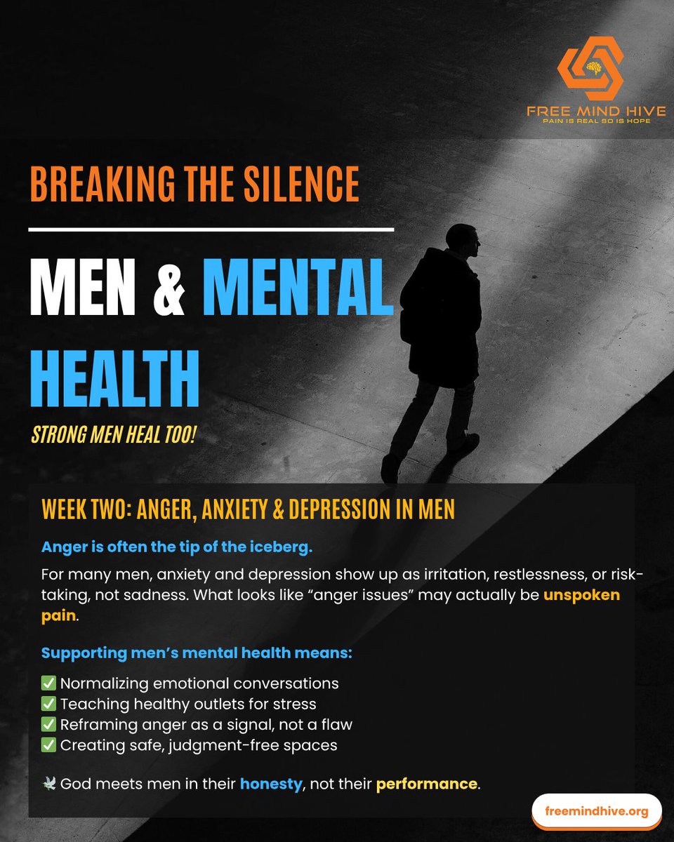 FreeMindHive's tweet photo. Anger is often just the tip of the iceberg. 🧊

For many men, anxiety and depression look like: 
❗️Irritability 
❗️Restlessness 
❗️Risk-taking

What we call "anger issues" is often unspoken pain. We need to reframe anger as a signal, not a flaw. https://t.co/MulJqnv4Tg