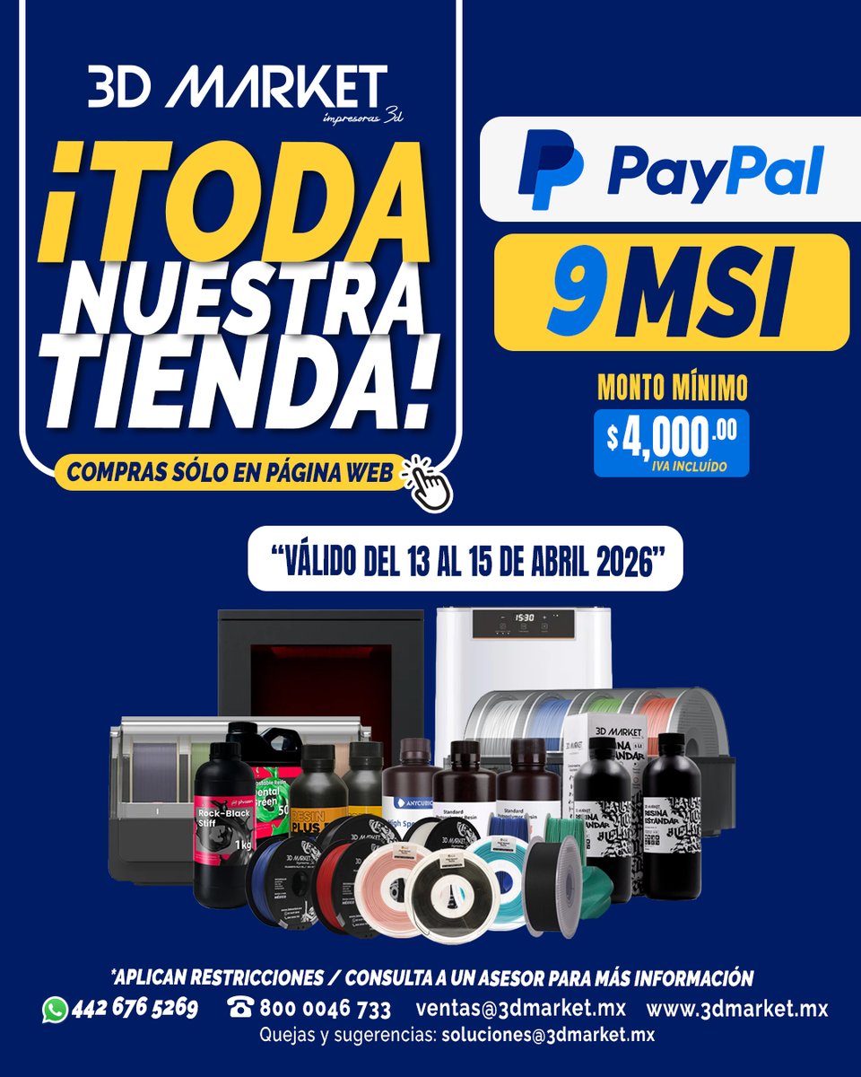 3DMarketMx's tweet image. ¡EQUÍPATE HOY! 🚀 Aprovecha 9 MSI en toda nuestra tienda online pagando con PayPal. 💳✨

✅ Compra mín: $4,000 (IVA inc) 📅 Válido: 13-15 de abril 🌐 3dmarket.mx
Dudas:📞 800 0046 733 🟢 WA: 442 676 5269
#3DMarket #Impresion3D #PayPal #MSI #Ofertas