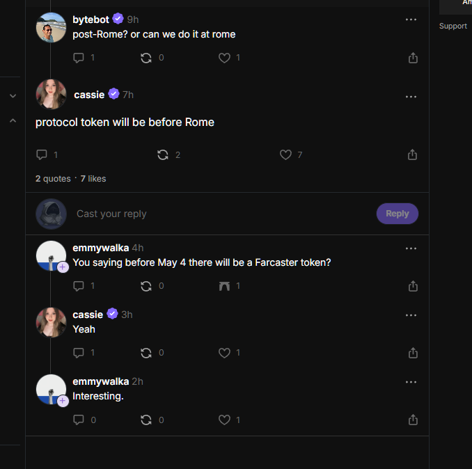 ox_pikachu's tweet image. 📍 BEYLER #FARCASTER TOKEN GELİYOR! 

Token söylentileri çıktığına göre, demekki bir şeyler konuşuluyor. Aşağıdaki görselde 'cassie' diye bir hesap var sanırım eski Farcaster çalışanı. 

TGE'nin 4 Mayıstan önce olabileceğini söylüyor, tabi bu bir söylenti. SS alınmış mıdır bir
