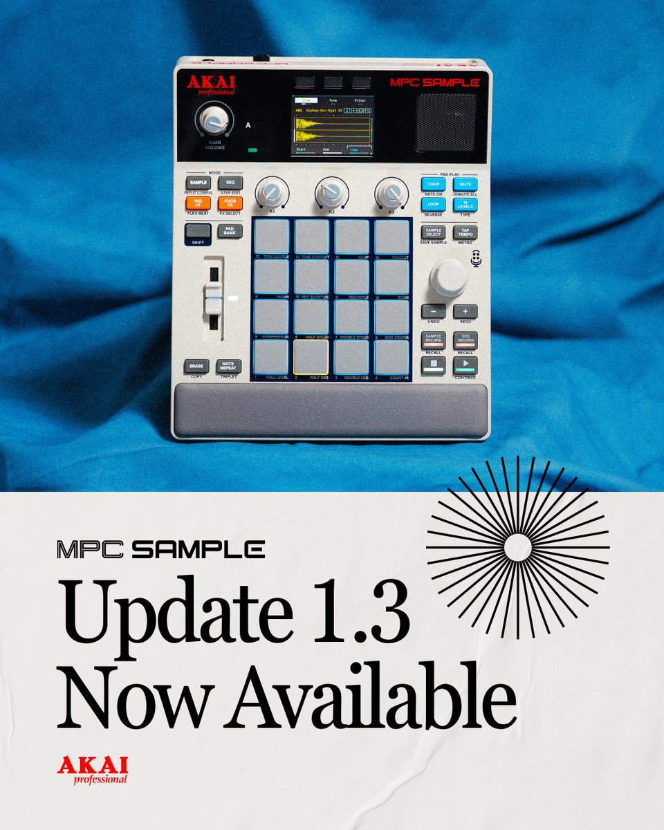 Akai_Pro's tweet image. Firmware 1.3 is now available for your MPC Sample. This update brings new features, workflow enhancements, and important fixes to keep your creativity flowing smoothly.

Update your MPC Sample: inmusic.to/2da8v7pn
Learn more about MPC Sample: inmusic.to/2p8s2anm