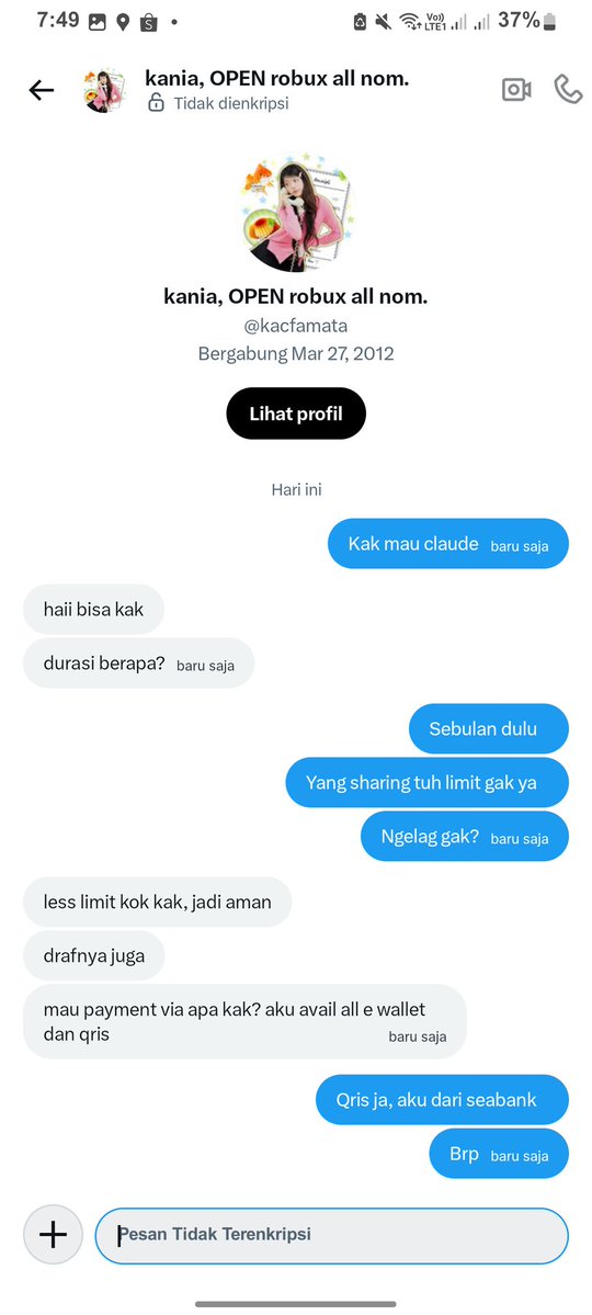 kiyupil's tweet image. hati2 sm akun ya, aku abis ketipu beli claude pro udah di payment malah ilang .. makan tuh duit haram, najis tau kak cari duit nipu orang

nama qris nya aksa store lokasi depok, pls be aware ya tmn2 jangan sampe ada yang ketipu lg 

#zonauang #scam #penipu