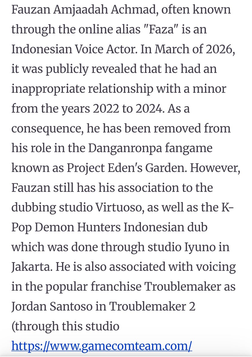 Fauzan Achmad isn't only a "Pjeg related issue" he's a voice actor who works on several popular anime. So please, if you care about children's safety and have any influence within the fandoms mentioned below, share this petition to them. They are far more numerous than we are.