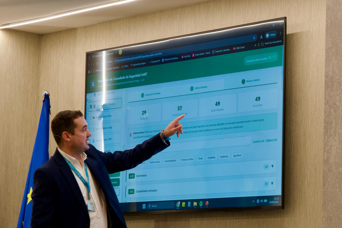 CentroCiberAND's tweet image. Jerónimo López, jefe de Sección de Electromedicina del @HRegionalMalaga, ha presentado la Guía de Clausulado de Seguridad para la Contratación Pública de Tecnología #IoMT.

📋 La seguridad entra desde el primer momento del proceso de compra, como criterio de valoración.

🇪🇺 Marco