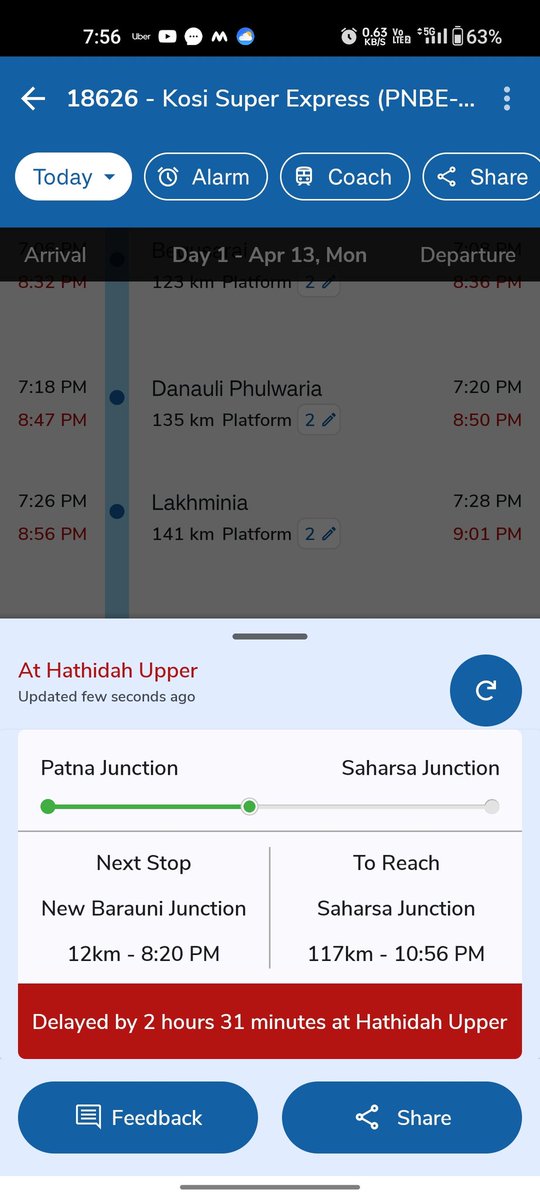 imguptanavin's tweet photo. @RailwaySeva @drmdnr Delayed by 2:30 and more train no 18626 PNR- 6702122185 intersting things is from PNBE to SBV Journey time is only 5:30 hrs in which 2:30 hrs delayed means total travel time increase to 8 hours @drmdnr @RailwaySeva @RailMinIndia @RailMadad https://t.co/9UCU8mcSxR