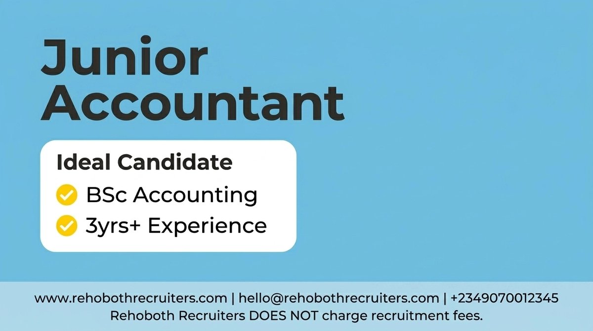RrecruitersHQ's tweet image. Hiring: Junior Accountant in Ghana! 🇬🇭
💰 1500-1700 Cedis | 📍 Ghana

Ideal Candidate:
• BSc Accounting
• 3yrs+ Experience

Apply: rehobothrecruiters.com/jobs/junior-ac…

NB: Rehoboth Recruiters DOES NOT charge recruitment fees.

#GhanaJobs #JuniorAccountant