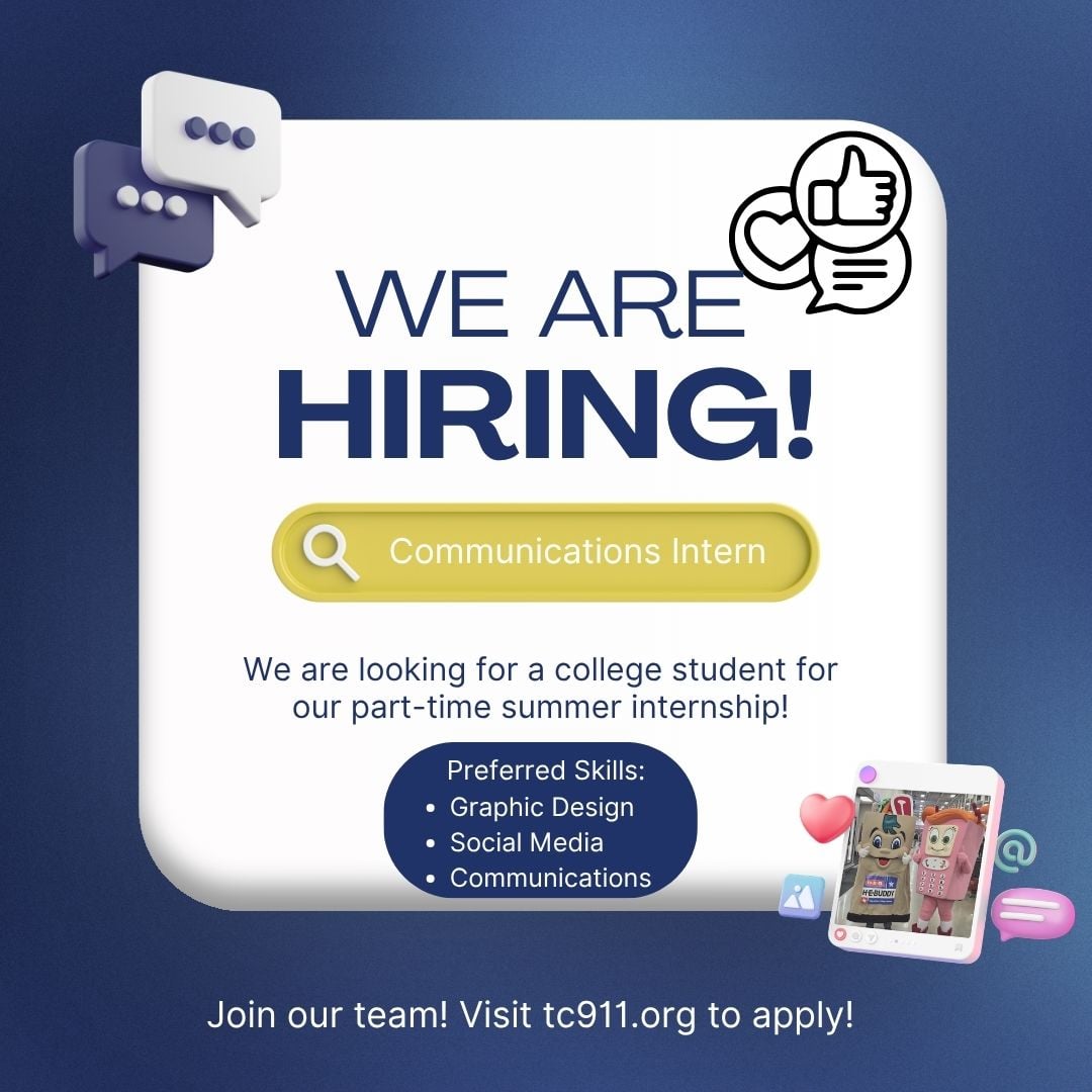 ✨️ EXCITING OPPORTUNITY ✨️ We are hiring a communications intern to join our team for the summer!🎊
Must be a current college student and over 18 years old!
Spread the word! ☺️

governmentjobs.com/careers/tc911

#intern #hiring #jobopportunity #summer
