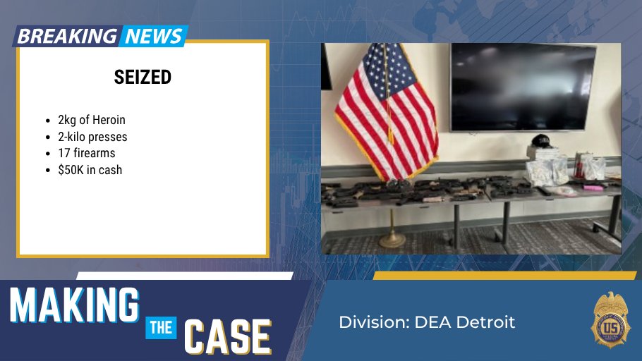 DEAHQ's tweet image. #ICYMI #MakingTheCaseMonday @DEADetroitDiv investigation seized 2kg of heroin, 2 kilo presses, 17 firearms, &amp;amp; $50K in cash. $14.9M seized came from tracking drug money deposits into bank accounts w/ connections to international commerce. @TheJusticeDept 

dea.gov/press-releases…