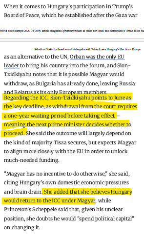 MayaSionT's tweet image. כפי שצפיתי, מג'יאר אמר כי #הונגריה תבקש להצטרף מחדש לבית הדין הבינלאומי #ICC #בהאג.
אורבן יצא מה-ICC באפריל 25 כשנתניהו ביקר בבודפשט. היציאה תכנס לתוקף ביוני.
לגבי ישראל, מג'יאר אמר "איני יכול להבטיח שנמשיך לחסום החלטות של ה-EU לגבי 🇮🇱".
הצפי שלי היא שחבילת הסנקציות ה-3 &amp;gt;&amp;gt;