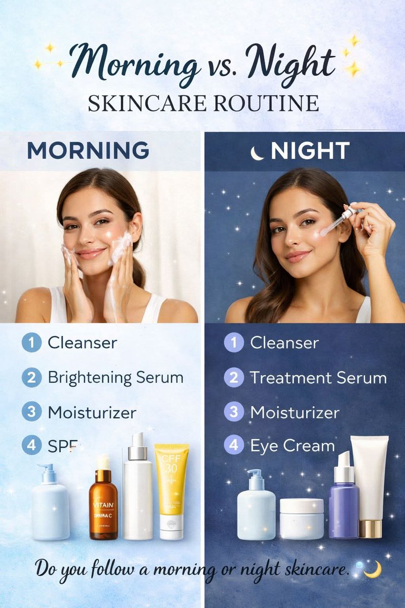 PamBomshell's tweet image. Caption: “Healthy skin = happy skin! 💧 Here’s your midweek skincare routine for glowing results

“Do you follow a morning or night skincare routine? Share your tips!”
#SkincareTips #GlowUp #BeautyRoutine #HealthySkin #SkinCareAddict #SelfCareRoutine #BeautyCommunity