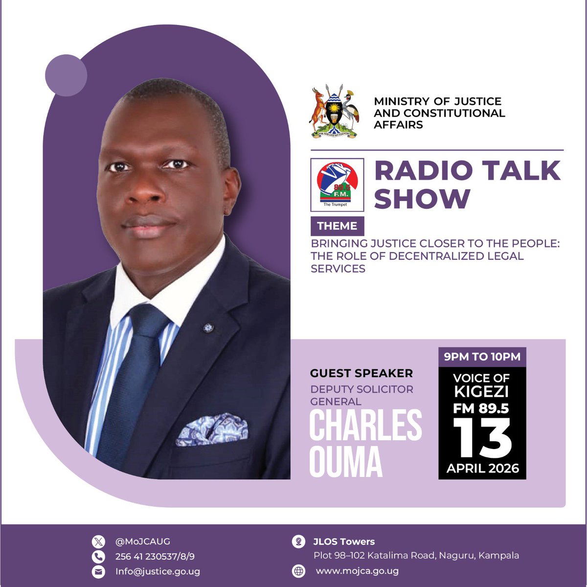 nuwa700's tweet photo. Tune in tonight 📻

The DSG goes live on Voice of Kigezi (9–10PM) ahead of the commissioning of the Kabale Regional Office.

Catch insights on the Ministry’s mandate and how regional offices are bringing services closer to the people.

 #MoJCA https://t.co/dvvYFDqZvH
