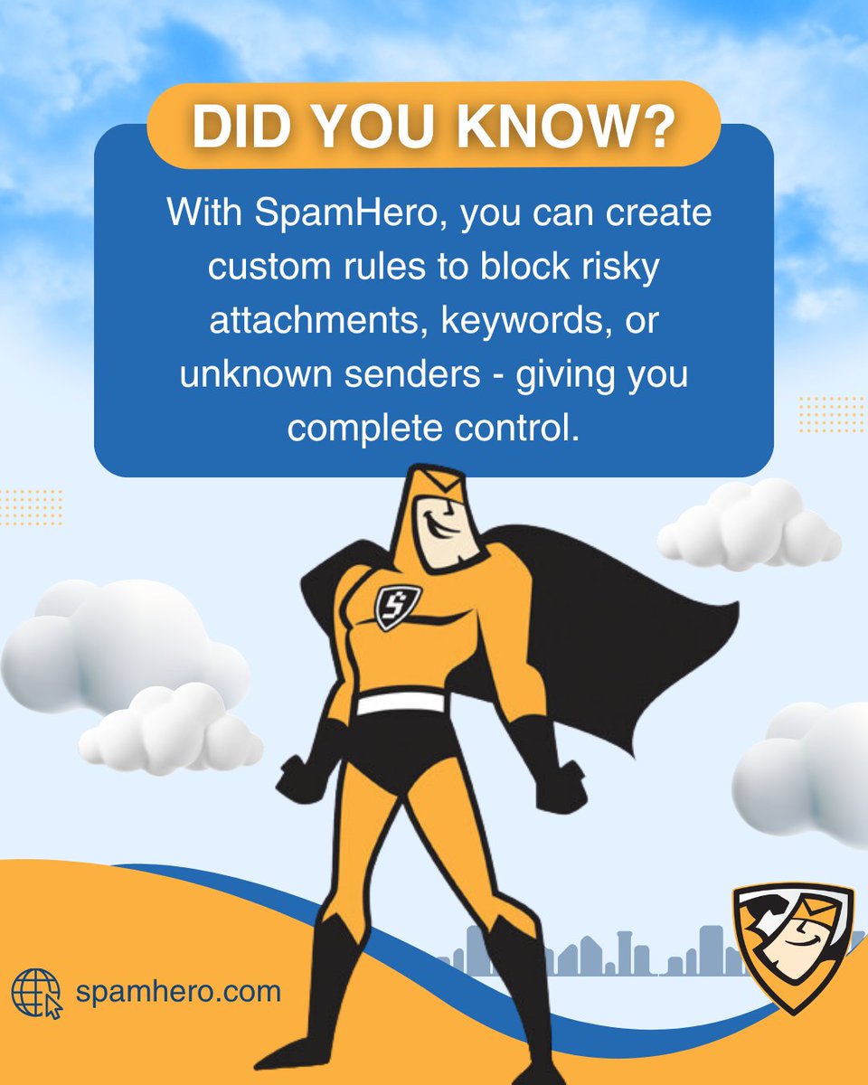 SpamHero's tweet image. 🔐 Did you know?

With SpamHero, you can set custom rules to block risky attachments, keywords, and unknown senders for full control of your inbox.

👉 spamhero.com

#spamhero #emailsecurity #cybersecurity #spamfiltering