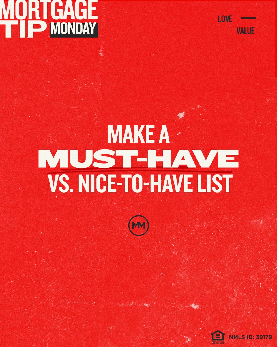 MovementMtg's tweet photo. Simplify your house hunt: Differentiate must-haves from nice-to-haves. This keeps you on budget, meets your needs, and ensures confident, focused decisions.

#movementmortgage #mortgagetipmonday #loanofficer #homebuyer https://t.co/Ukrrk22l2i