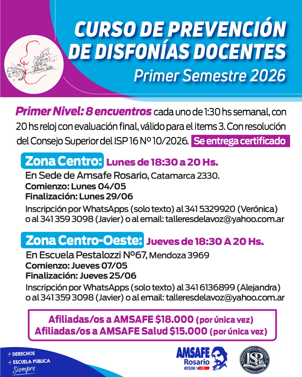 🗣️ CURSO DE PREVENCIÓN DE DISFONÍAS DOCENTES

🔵 Desde AMSAFE Rosario te invitamos a participar del Curso de Prevención de Disfonías Docentes, una propuesta pensada para cuidar una de las herramientas más importantes de nuestro trabajo: la voz.