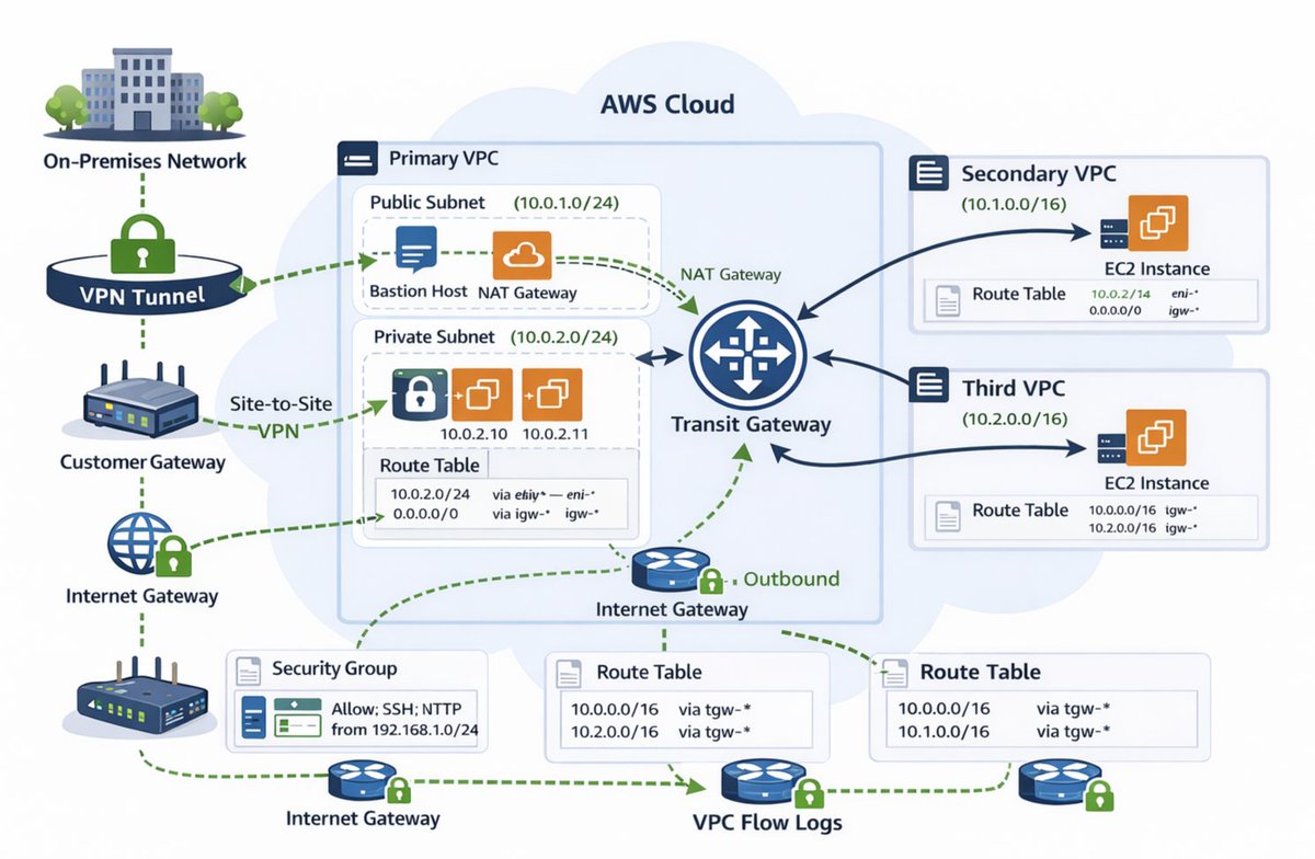 Krishna_Rati's tweet image. Built a real-world AWS networking project 👇

Started with:
→ VPC Peering

Ended with:
→ Private Subnets + NAT
→ Bastion access
→ Flow Logs
→ Transit Gateway
→ VPN (Hybrid setup)

💀 Biggest lesson:
Cloud is easy… debugging networking is not.

#AWS #Terraform