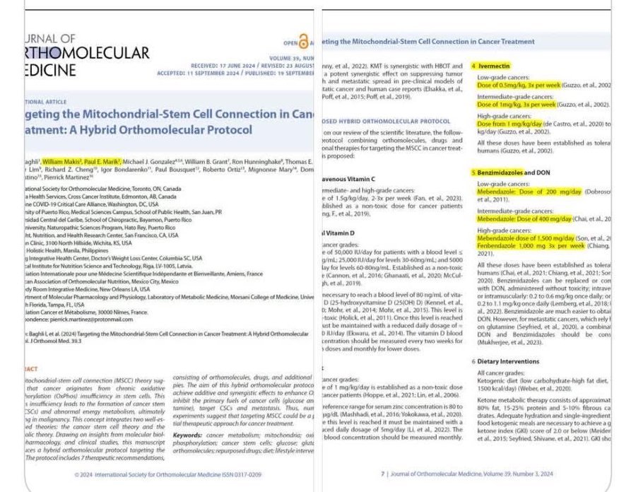 Fa21519230's tweet photo. 💥💥💥 ATENCIÓN: Primer protocolo del mundo revisado por pares que utiliza ivermectina, mebendazol y fenbendazol para el cáncer ha sido publicado...
Esto podría cambiar el futuro de la oncología para siempre...
Enorme reconocimiento a los autores principales Ilyes Baghli y Pierrick Martínez, Dr. William Makis, Dr. Paul Marik de FLCCC y todos los investigadores quienes se negaron a guardar silencio...
Estos medicamentos desempeñan un papel fundamental en el tratamiento del cáncer, siendo útiles también en la lucha contra el tsunami de cáncer actual causado por la "vacuna" COVID...
Miles de pacientes con cáncer ya han utilizado alta dosis de ivermectina, mebendazol y fenbendazol con resultados exitosos...
https://t.co/qaJRcsRCD7
Descubre cómo estos antiparasitarios se han convertido en imprescindibles en la lucha contra el cáncer...
💥 IVERMECTINA – 12 Acciones Anticáncer Conocidas:
1. Inhibe la vía WNT/β-catenina: detiene la proliferación de células cancerosas.
2. Induce la apoptosis: desencadena la muerte programada de las células cancerosas.
3. Bloquea las proteínas transportadoras de importina α/β, lo que impide la replicación de células cancerosas.
4. Inhibe la enzima PAK1: reduce la inflamación y la progresión tumoral.
5. Antiangiogénico: detiene la formación de nuevos vasos sanguíneos en los tumores.
6. Modulador del sistema inmunológico: mejora el reconocimiento de las células cancerosas.
7. Disruptor de la autofagia: interfiere con las estrategias de supervivencia de las células cancerosas.
8. Se dirige a las células madre del glioblastoma: eficaz en cánceres cerebrales.
9. Inhibe la respiración mitocondrial: corta el suministro de energía a los tumores.
10. Interrumpe la señalización de mTOR, lo que ralentiza el crecimiento celular.
11. Supera la resistencia a la quimioterapia: hace que la quimioterapia sea más efectiva.
12. Propiedades antivirales: potencialmente útiles para cánceres relacionados con virus (como el VPH).
💥 FENBENDAZOL – 12 Acciones Anticancerígenas Conocidas:
1. Alteración de los microtúbulos: impide que las células cancerosas se dividan.
2. Inhibe la absorción de glucosa: priva a las células cancerosas de energía.
3. Activa el gen supresor de tumores p53, que ayuda a eliminar las células dañadas.
4. Desencadena la apoptosis (muerte celular), especialmente en el cáncer de pulmón, colon y próstata.
5. Inhibe la metástasis: evita que el cáncer se propague.
6. Aumenta el estrés oxidativo en las células cancerosas, haciéndolas más vulnerables.
7. Modulador inmunitario: puede ayudar al sistema inmunitario a atacar los tumores.
8. Bloquea la angiogénesis: impide que los tumores generen suministro de sangre.
9. Agota el glutatión en los tumores, lo que debilita sus defensas.
10. Suprime la vía de señalización de AKT, implicada en la supervivencia celular.
11. Restaura la regulación normal del ciclo celular: previene el crecimiento descontrolado.
12. Sinérgico con otros agentes naturales (p. ej., CBD, curcumina, vitamina D)
💥 MEBENDAZOL – 12 Acción anticancerígena conocida:
1. Desestabilización de los microtúbulos: similar al fenbendazol
2. Inhibe la angiogénesis y bloquea el crecimiento de nuevos vasos sanguíneos.
3. Desencadena la apoptosis: causa la muerte de las células cancerosas.
4. Inhibe la señalización del VEGF: bloquea las señales de suministro de sangre al tumor.
5. Cruza la barrera hematoencefálica: útil para los cánceres cerebrales.
6. Activa las enzimas caspasa-3/7, implicadas en la muerte celular programada.
7. Reduce la expresión del oncogén MYC, lo que ralentiza el crecimiento del tumor.
8. Inhibe la proteína Bcl-2, lo que reduce la supervivencia de las células cancerosas.
9. Anti-metastásico: reduce la propagación del cáncer.
10. Altera la función mitocondrial: falla la producción de energía en las células tumorales.
11. Mejora la sensibilidad a la quimioterapia: ayuda a que los tratamientos estándar funcionen mejor.
12. Baja toxicidad + largo historial de seguridad: utilizado en humanos durante décadas.