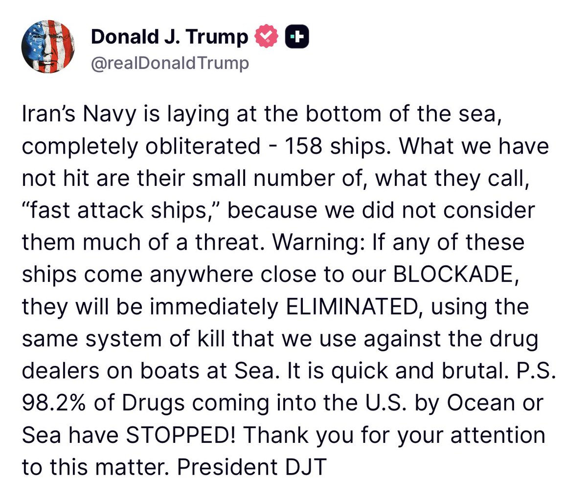 President Donald Trump Iran's Navy is laying at the bottom of the sea, completely obliterated - 158 ships. 🇮🇷🇺🇸
