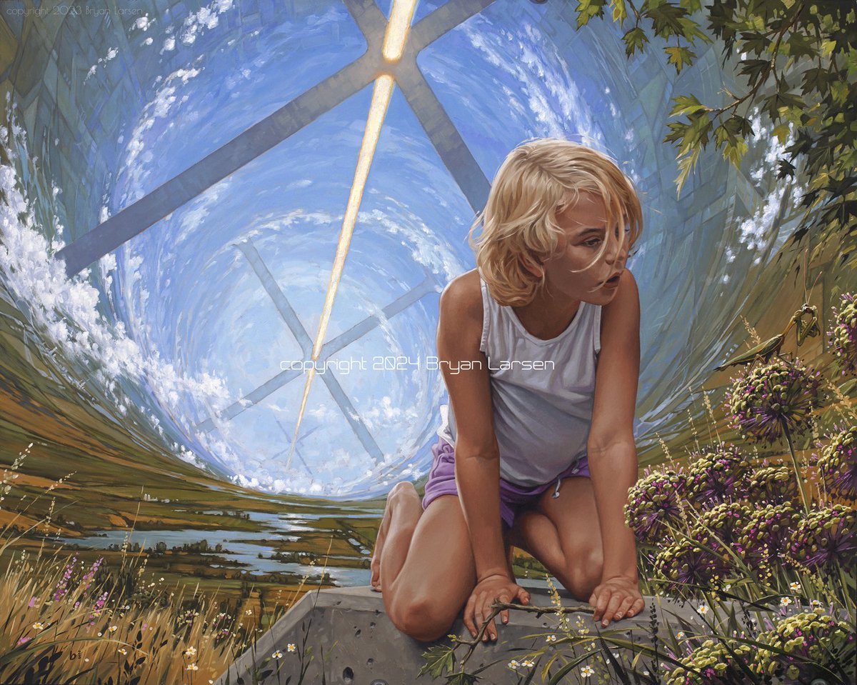 BryanLarsenArts's tweet photo. GM!

Here are some progress shots for 'Close Encounters' 20x16 inches, oil on aluminum panel. 

A scale drawing in pencil, an oil study for the background, the mostly completed painting, and the final version.

Inside the vast sweep of an O’Neill Cylinder…a manmade world inside a space station or generation ship, a child climbs unsupervised through a lush, wild space, turning over rocks and peeking through branches to discover a praying mantis. The setting is futuristic, but the subject is timeless. Curiosity and the drive to explore and discover how the world works is built into us. 
I love the juxtaposition of advanced technology, capable of building worlds among the stars, with natural environments allowed to grow wild. It suggests a deliberate choice to cultivate those spaces, even though expensive and difficult…a recognition that they are of immense value beyond just their beauty.
The science-fiction elements are the visual language, but the subject is humanity itself as the curious, clever, innovative, slightly wild seekers of beauty and knowledge that we are.
