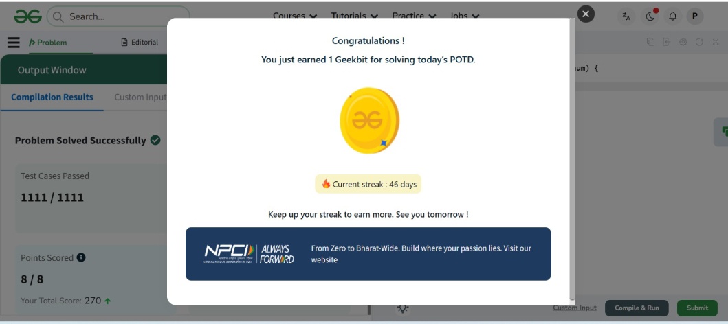 PalakSharma1418's tweet image. @geeksforgeeks @NPCI_NPCI
 #geekstreak60 #npci #DAY46