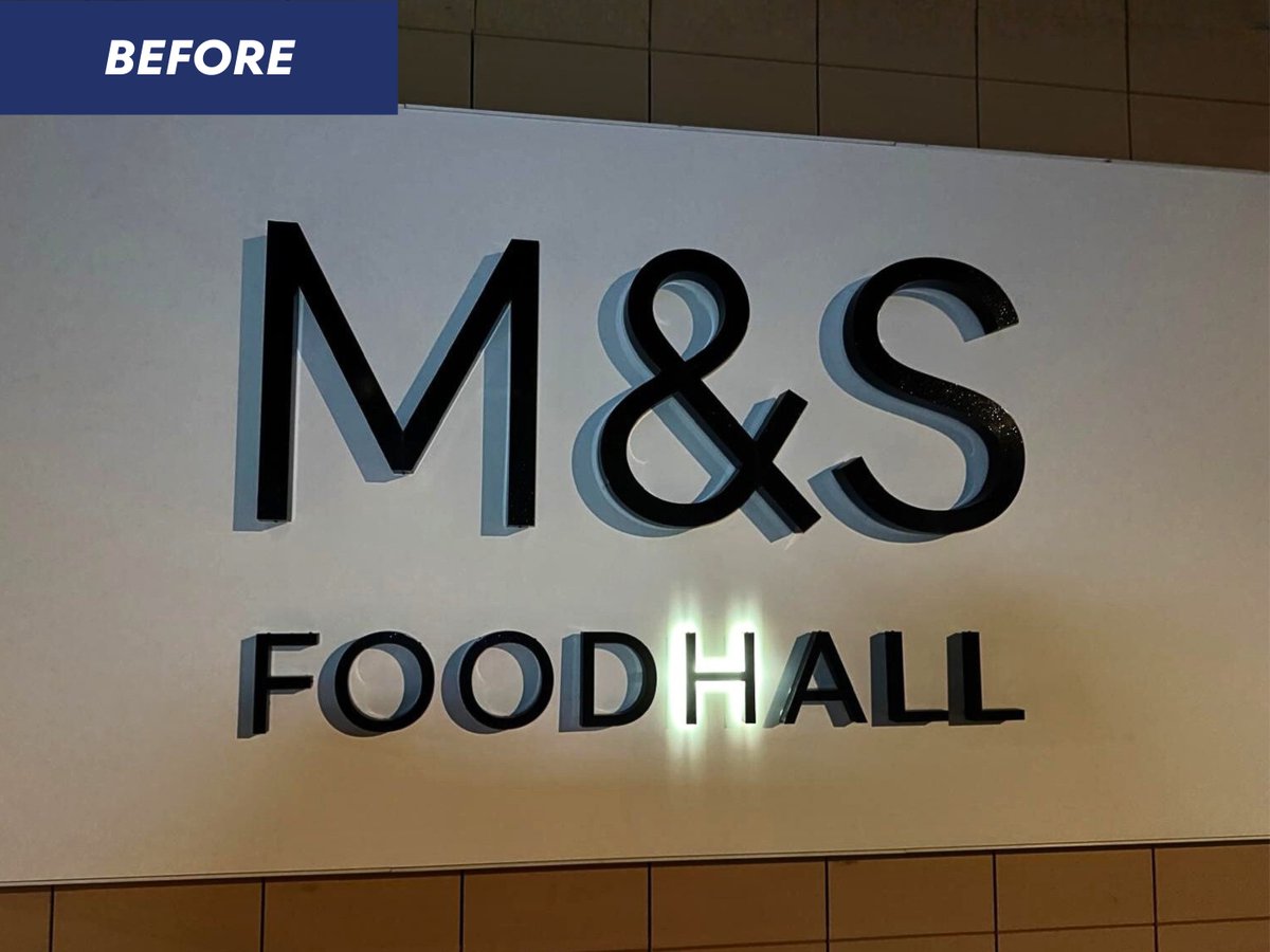 WCS_ltd's tweet image. Illumination repair completed at @marksandspencer, Dunblane. Almost all lighting had failed, leaving just one letter visible. Now fully restored and back to standard.

Get in touch:
📞 01924 256826
📧 helpdesk@wilsoncontracts.co.uk

#SignageRepair #Signage #MarksAndSpencer
