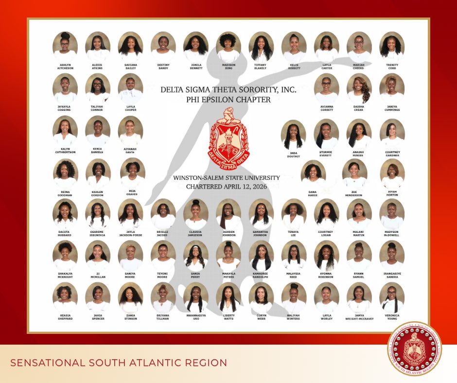 SensationalSAR's tweet image. The Sensational South Atlantic Region proudly welcomes the newest members of the Phi Epsilon Chapter of Delta Sigma Theta Sorority, Inc., chartered April 12, 2026 at Winston-Salem State University! 🔺

#SensationalSAR #DeltaSigmaTheta #PhiEpsilon #WSSU #DST1913